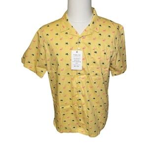 Public Art Flamingo Palm Men’s Yellow Short Sleeve Shirt Size XL